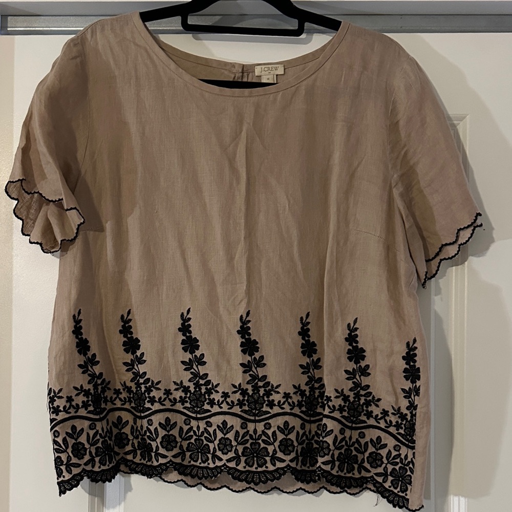 J Crew Linen Blouse with Black Floral Embroidery